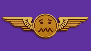 A gold airplane wing pin with a wazy or confused emoticon.